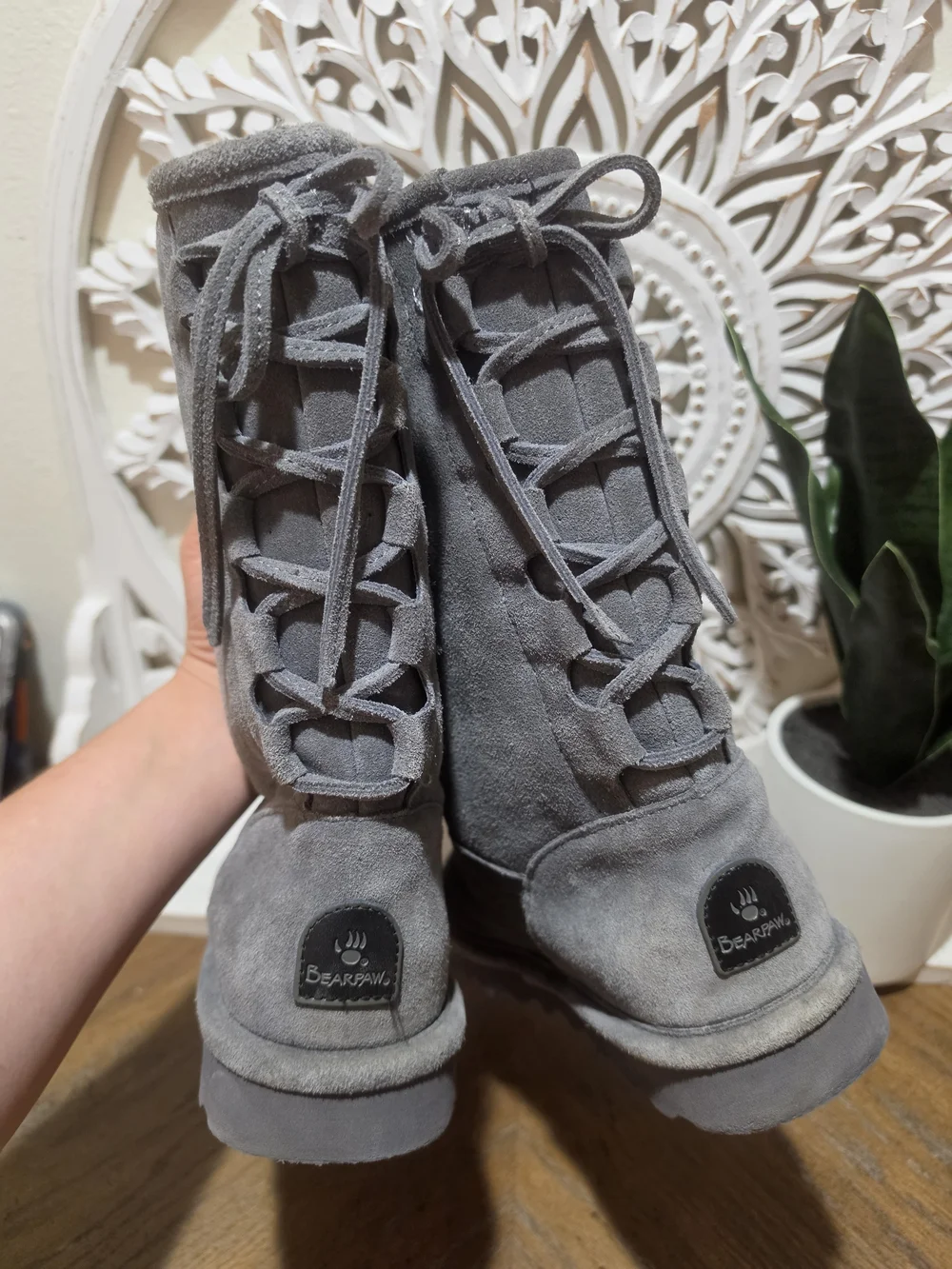 Bear PAW Gray Suede Tall Winter Boots - Lace Up Back WOMENS SIZE 8